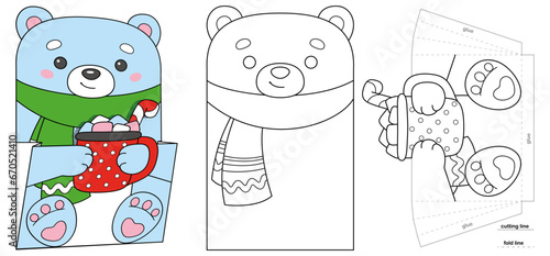 Christmas paper pocket with bear for advent calendar. Coloring page for kids creativity