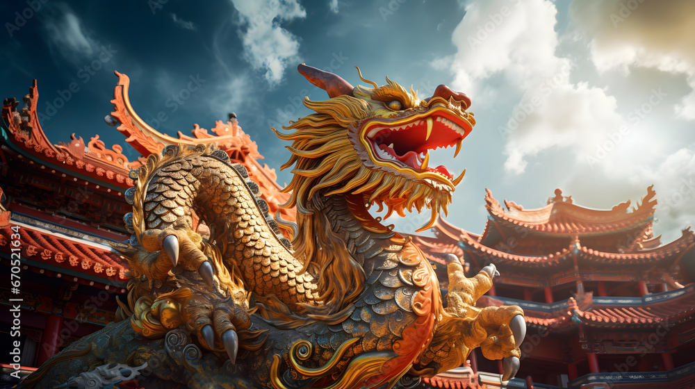 Majestic Golden Chinese Dragon Statue in Front of a Temple Background. Celebrating Chinese New Year. Majestic Golden Chinese Dragon Statue in Front of a Temple Background. Celebrating Chinese New Year.