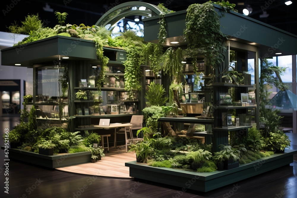 Fototapeta premium Eco-friendly tradeshow booth highlighting sustainable products, Generative AI