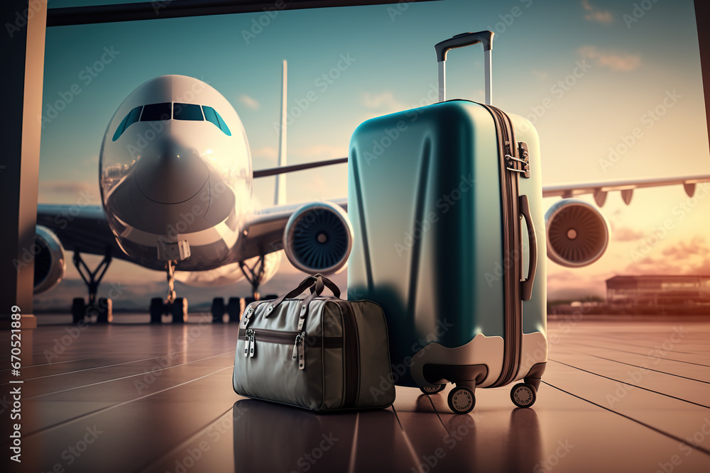 Luggage on the tarmac of the airport. - obrazy, fototapety, plakaty 