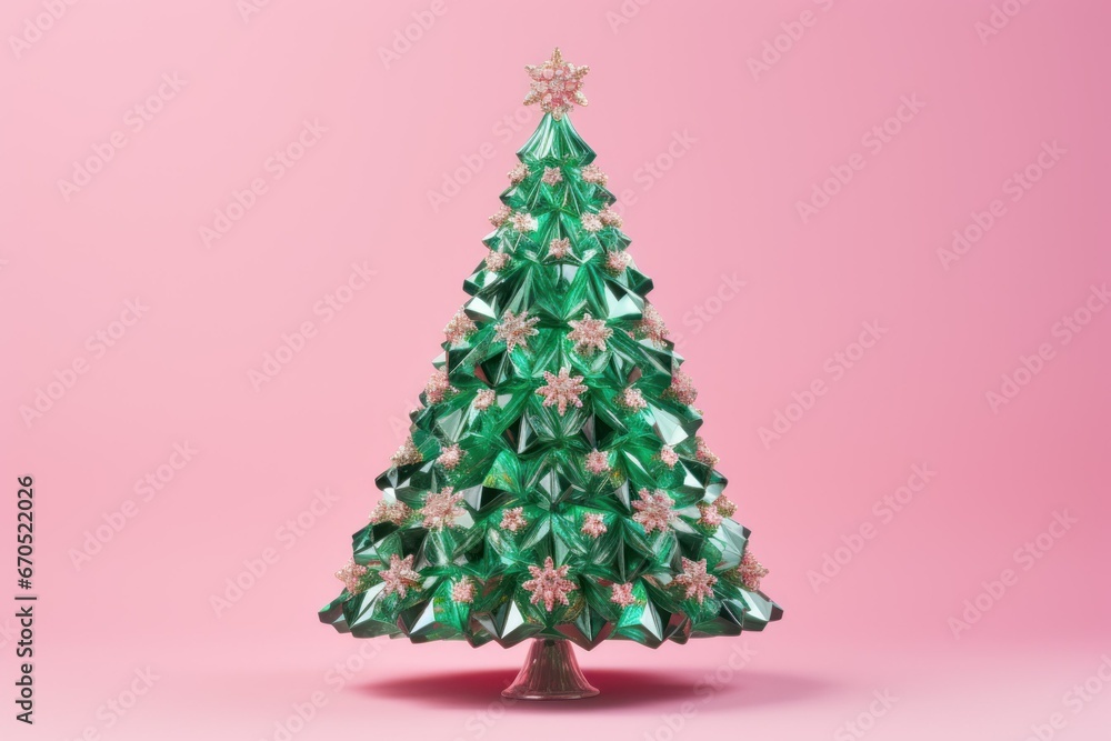 green Christmas tree made of diamonds decorated with pink toys with a pink star on the top on a pink background
green Christmas tree made of diamonds decorated with pink toys with a pink star on the top on a pink background