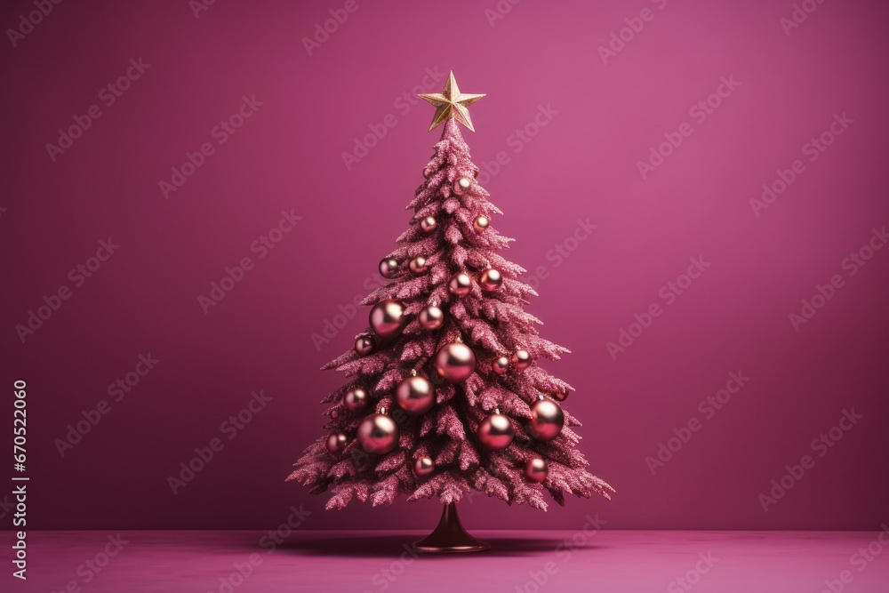 pink Christmas tree on a pink background with a gold star on the top pink Christmas tree on a pink background with a gold star on the top