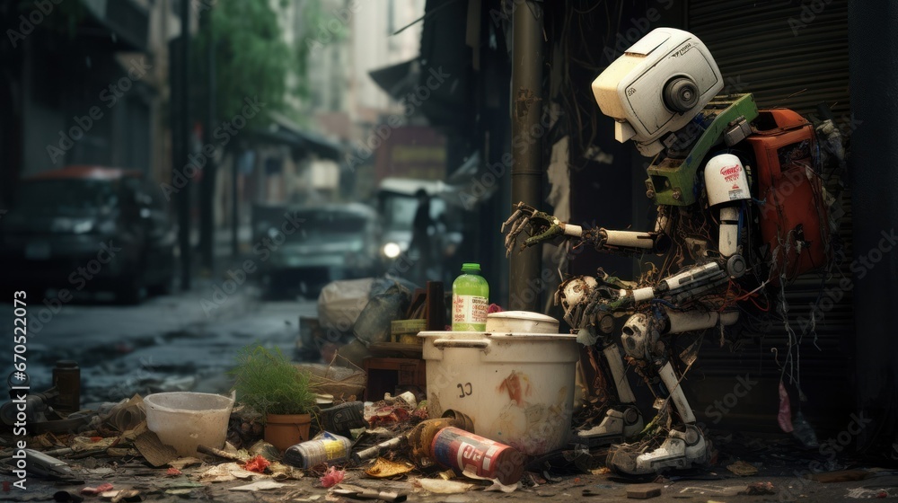 a robot among a dirty street sorts out garbage, the problem of dirty cities, pollution, futuristic a robot among a dirty street sorts out garbage, the problem of dirty cities, pollution, futuristic