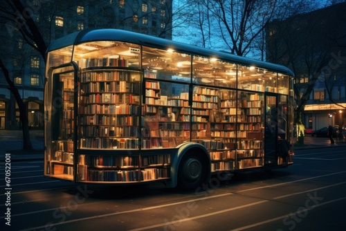 mobile library on a bus, futuristic bookstore on wheels, many books on large bookshelves photo
