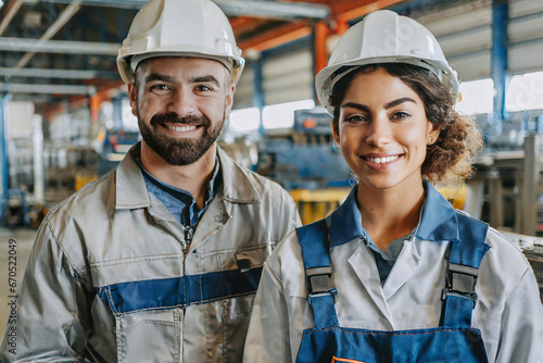 Junger Mann und junge Frau Facharbeiter/Fachkräfte in Arbeitskleidung und Helmen lächelnd in einer Industriehalle
