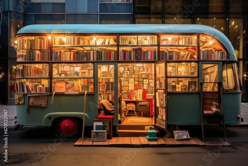 mobile library on a bus, futuristic bookstore on wheels, many books on large bookshelves