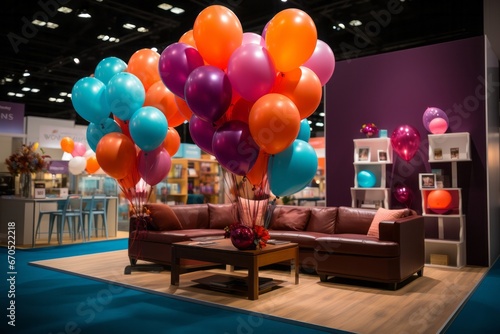 Tradeshow booth adorned with colorful balloons and giveaways, Generative AI