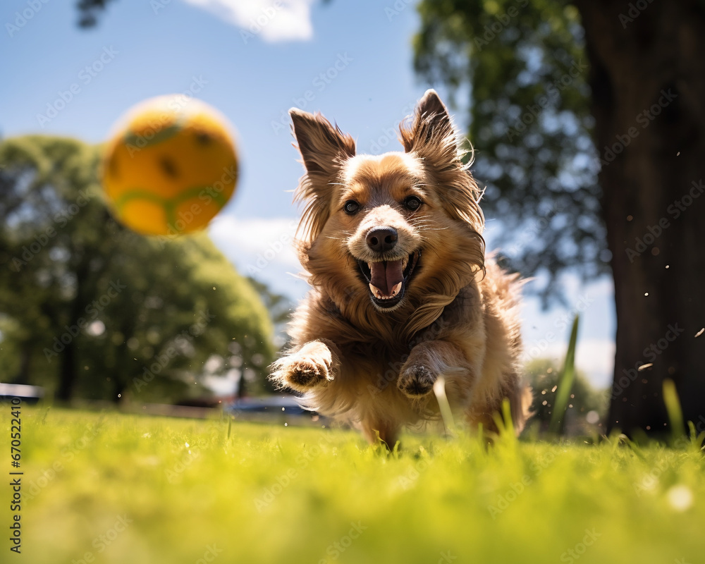 Happy Dog Playing with a Ball in the Sunshine, a Landscape Photography Bursting with Bright Colors and Pure Happiness Happy Dog Playing with a Ball in the Sunshine, a Landscape Photography Bursting with Bright Colors and Pure Happiness
