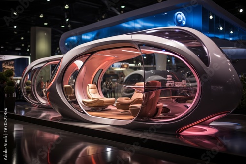 Tradeshow booth designed to resemble a futuristic spaceship, Generative AI © Shooting Star Std