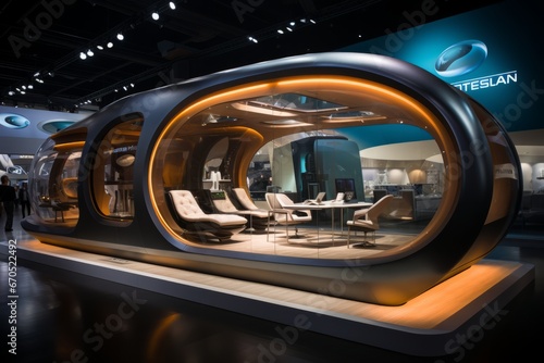 Tradeshow booth designed to resemble a futuristic spaceship, Generative AI