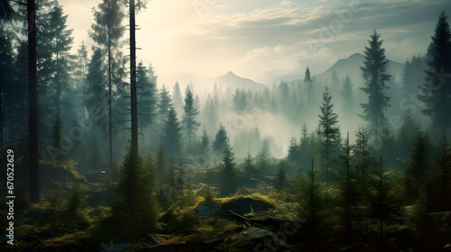 Forest fog landscape with sun trees and mountains