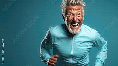 Happy elderly man jogging. isolated on blue background