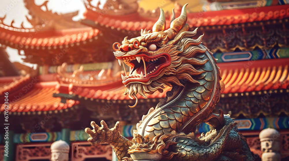 Obraz premium Majestic Golden Chinese Dragon Statue in Front of a Temple Background. Celebrating Chinese New Year.