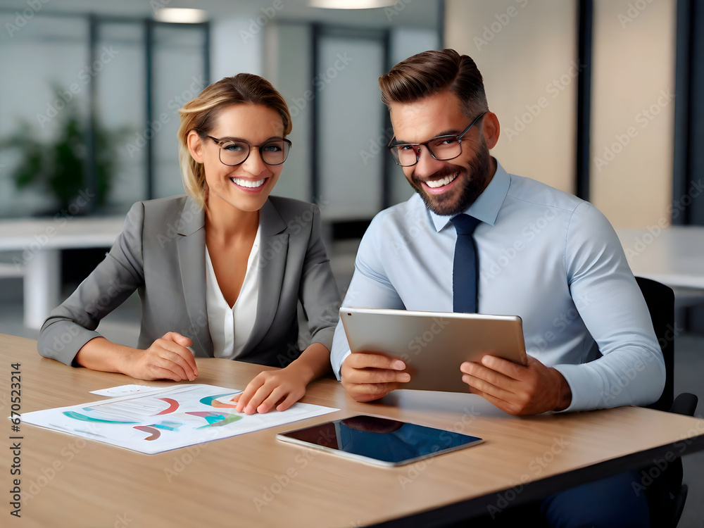 © ismael - business, technology and office concept - smiling business team with tablet pc computer and papers in office.generated with ai © ismael - business, technology and office concept - smiling business team with tablet pc computer and papers in office.generated with ai