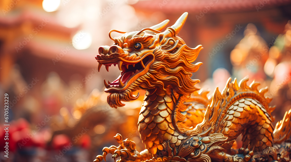 Majestic Golden Chinese Dragon Statue in Front of a Temple Background. Celebrating Chinese New Year. Majestic Golden Chinese Dragon Statue in Front of a Temple Background. Celebrating Chinese New Year.