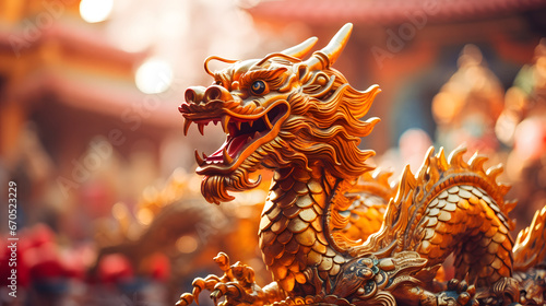 Majestic Golden Chinese Dragon Statue in Front of a Temple Background. Celebrating Chinese New Year. © jex