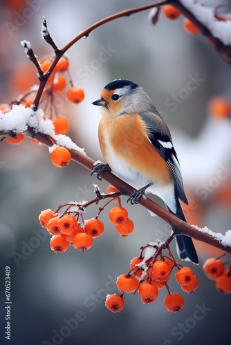 Christmas, New Year holiday background, bright birds sitting on a snow-covered branch of red berries, pine forest © Яна Деменишина
