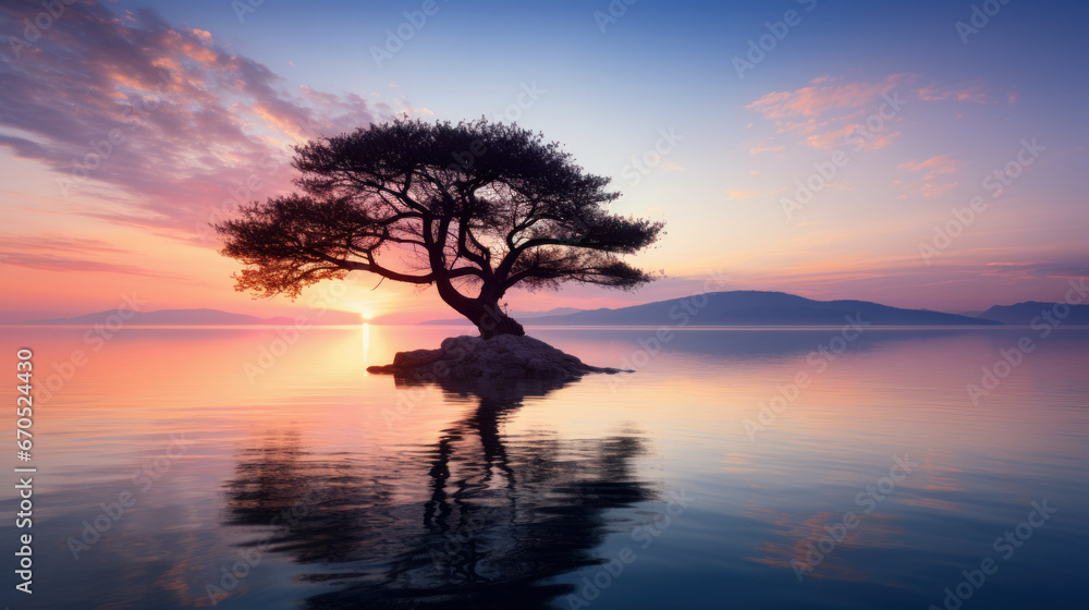 lonely tree on lake water at sunset