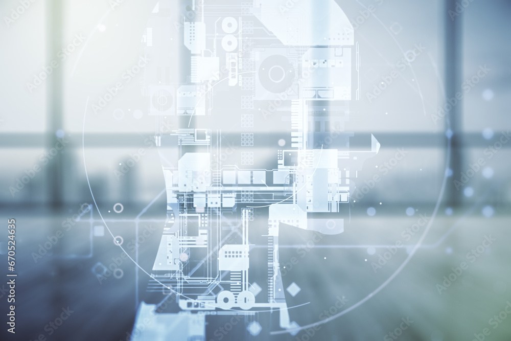 Double exposure of creative artificial Intelligence hologram on empty modern office background. Neural networks and machine learning concept Double exposure of creative artificial Intelligence hologram on empty modern office background. Neural networks and machine learning concept