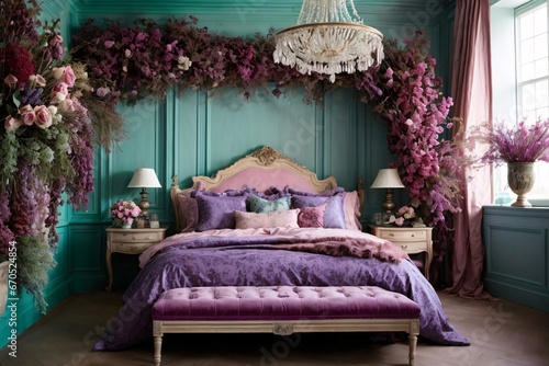 Choosing the appropriate Western dried floral arrangements for a bedroom with lots of pink and blue tones. Generative AI.