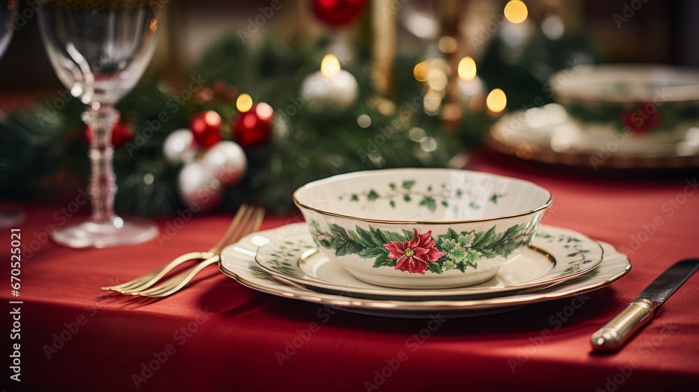 Christmas table setting green, red colors decor: candles, pine spruces, tablecloth. Christmas tableware, blurred lights. Horizontal banking background for web. Photo AI Generated