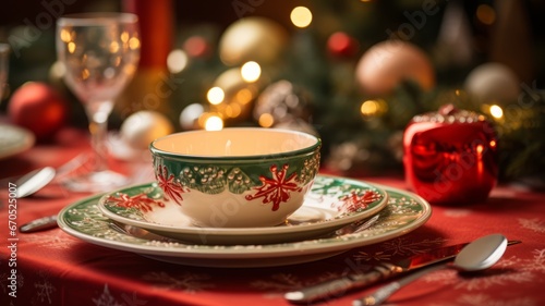 Christmas table setting red colors decor: candles, pine spruces, tablecloth. Christmas tableware, blurred lights. Horizontal banking background for web. Photo AI Generated