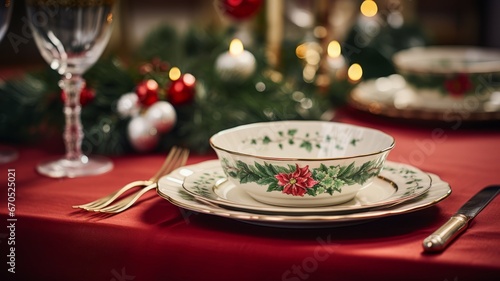Christmas table setting green, red colors decor: candles, pine spruces, tablecloth. Christmas tableware, blurred lights. Horizontal banking background for web. Photo AI Generated