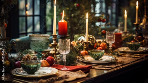 Bright Christmas table with vintage candlesticks, potted plants, red and blue tableware, Christmas tree arrangements. Christmas table setting. Horizontal banking background for web. Photo AI Generated
