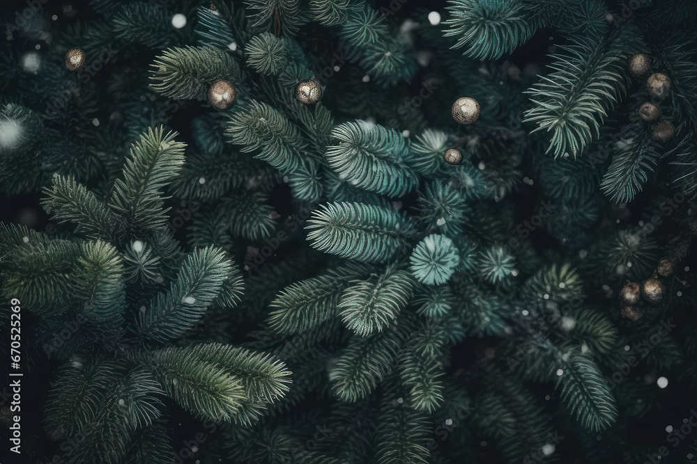 New Year background. Christmas tree branches and New Year's decorations. AI generative.