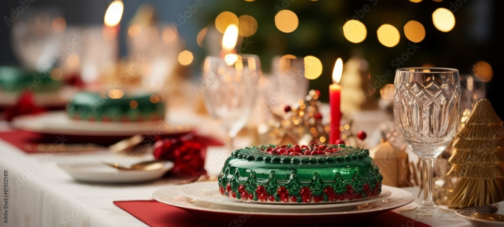 Christmas tableware with red and green table decor, blurred lights in the background close up view. Christmas table setting. Horizontal banking background for web. Photo AI Generated