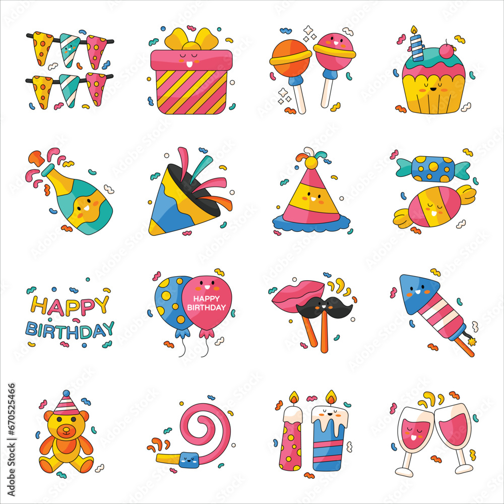 Birthday Cute Vector Stickers set