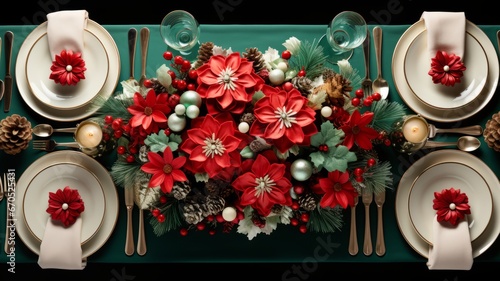Christmas tableware with pine spruces, green and red table decorations, top view. Christmas table setting. Horizontal banking background for web. Photo AI Generated