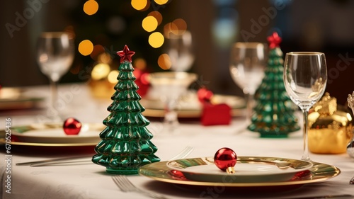 Christmas tableware: red, yellow, green table decor shaped like Christmas tree, blurred lights background. Christmas table setting. Horizontal banking background for web. Photo AI Generated