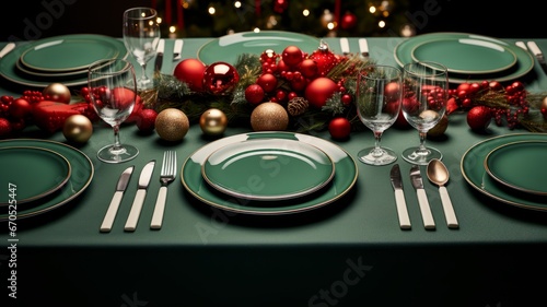 Christmas table setting with Christmas pine spruces, green and red table decorations. Christmas tableware. Horizontal banking background for web. Photo AI Generated