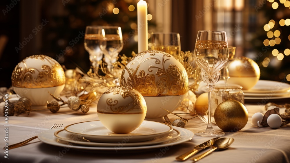 Royal Christmas table setting with golden design: Christmas balls, candles, glasses. Christmas table setting. Horizontal banking background for web. Photo AI Generated