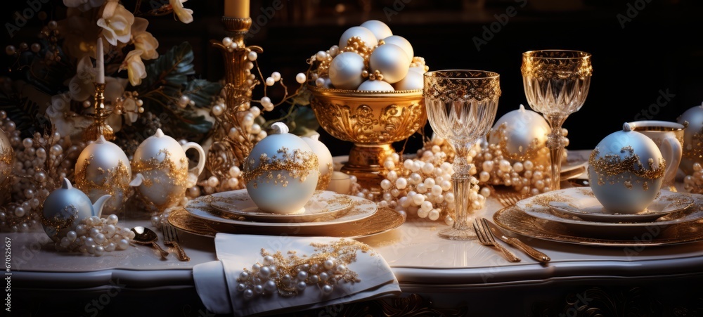 Christmas table setting with gold colored decor. Candles, glasses, and Christmas balls creates the Christmas table setting. Horizontal banking background for web. Photo AI Generated