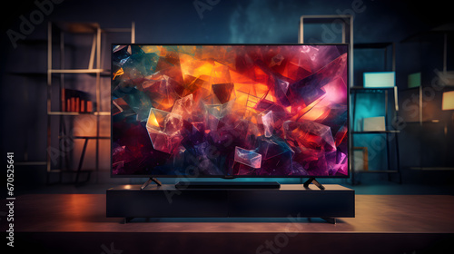 A black TV set with brilliant color pictures on the screen, Dark moody color lighting, depth of field control method, realistic