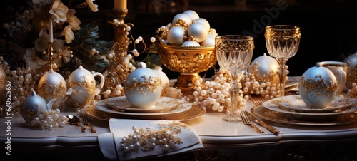 Christmas table setting with gold colored decor. Candles, glasses, and Christmas balls creates the Christmas table setting. Horizontal banking background for web. Photo AI Generated