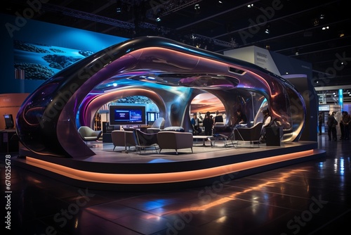 Tradeshow booth with a futuristic theme and holographic elements, Generative AI © Shooting Star Std