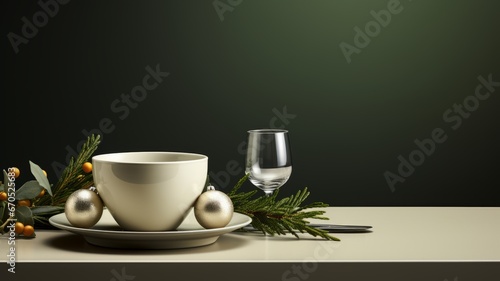 Christmas tableware: white bowl, pine spruces, Christmas balls. Christmas table setting, dark green background, minimalism. Horizontal banking background for web. Photo AI Generated