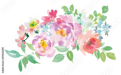 水彩で描いたピンクのバラと草花のブーケイラスト