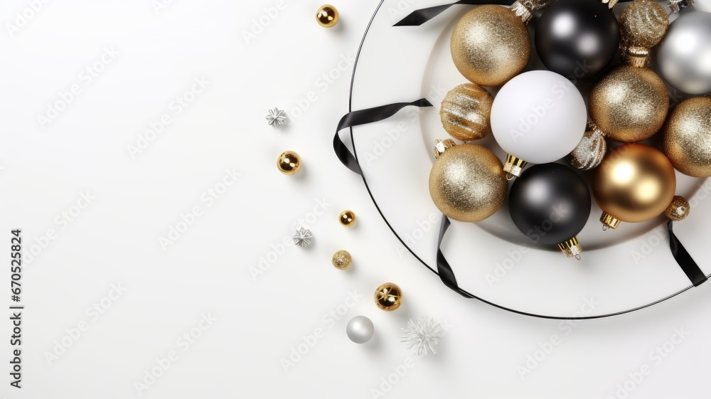 Christmas table setting in white, cutlery, present with ribbon near Christmas baubles on white background top view. Christmas table setting. Horizontal banking background for web. Photo AI Generated Christmas table setting in white, cutlery, present with ribbon near Christmas baubles on white background top view. Christmas table setting. Horizontal banking background for web. Photo AI Generated