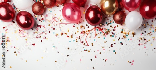 Top view of a festive Christmas table setting on a white background with decor: red, pink, white balloons, confetti. Christmas table mockup. Horizontal banking background for web. Photo AI Generated