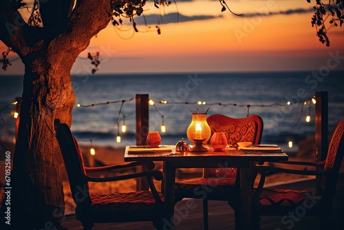 Romantic Oceanfront Dining: Cozy Candlelit Table photo