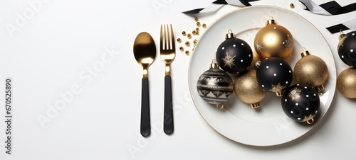 Christmas table setting: white plates with golden cutlery, Christmas baubles on white background top view. Christmas table setting. Horizontal banking background for web. Photo AI Generated