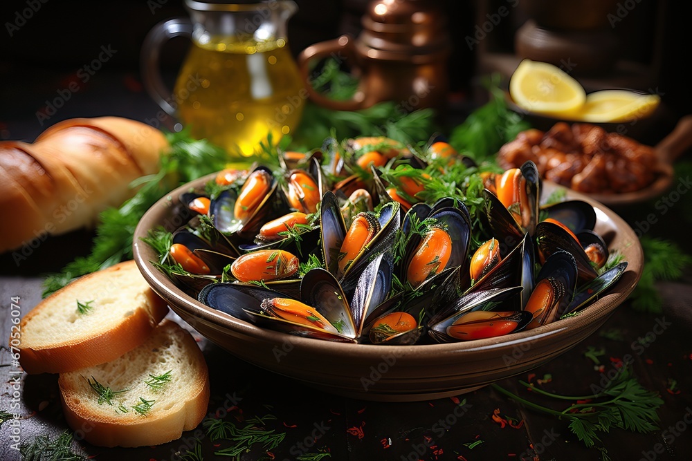 Mediterranean Delight: Ceramic Bowl of Boiled Mussels