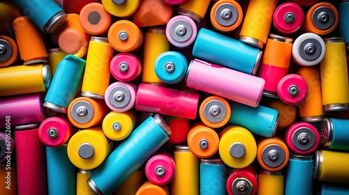 Used AA batteries collected for recycling. Multi-colored batteries, top view. Background, texture for design photo