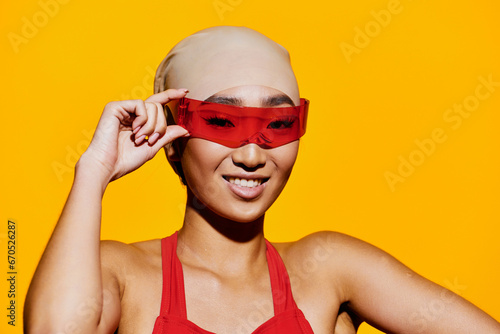 Red woman smiling yellow beauty sunglasses