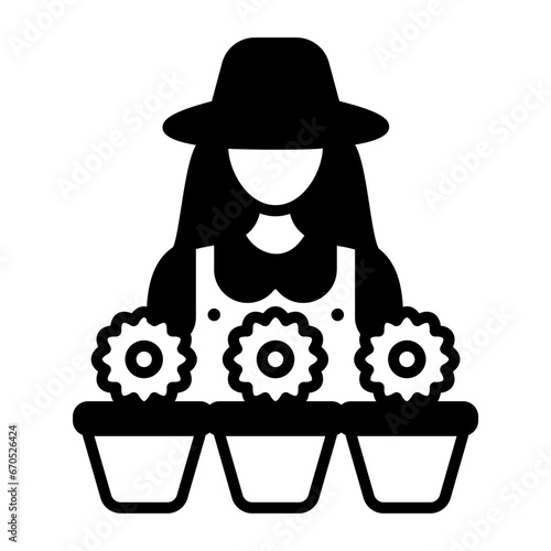 woman floriculture concept, Floral designers vector icon design, Outdoor Decor symbol, Farm and Plant sign, Mulching and Landscaping stock illustration