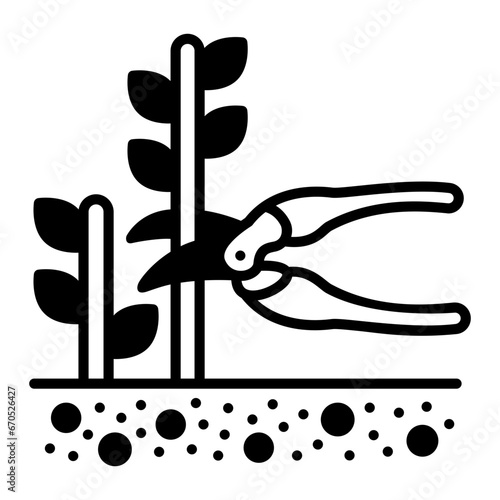 Pruning shears concept, Removing Excess Branches of Plant vector icon design, Outdoor Decor symbol, Farm and Plant sign, Mulching and Landscaping stock illustration